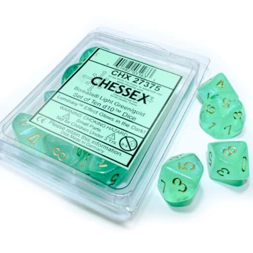 Caja del juego Set de Dados Chessex D10 Light Green / Gold